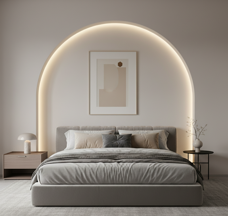 Chambre élégante avec un lit double contemporain placé sous une grande arche lumineuse encastrée au mur. L’arche est éclairée par un ruban LED blanc chaud, créant une ambiance douce et apaisante. Deux tables de nuit minimalistes encadrent le lit, décorées d’une lampe et d’un vase. Au centre de l’arche, un tableau moderne apporte une touche graphique à la décoration épurée et harmonieuse de la pièce