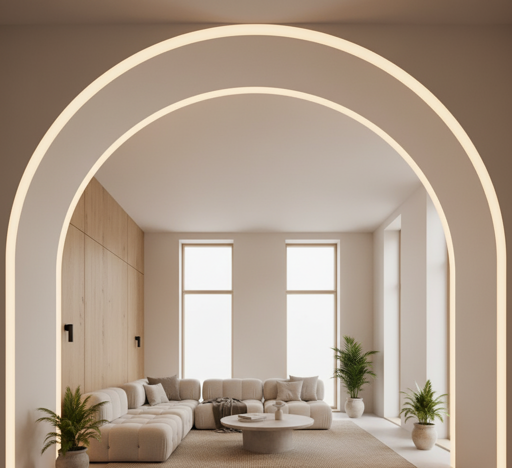 Grand espace de vie épuré avec un immense arc encastré dans le plafond, bordé d’un ruban LED diffusant une lumière blanche chaude. La voûte surplombe un salon aux canapés modulaires beiges, tables basses rondes et plantes vertes. L’ambiance est minimaliste et chaleureuse, accentuée par la douceur de la lumière indirecte des arches.