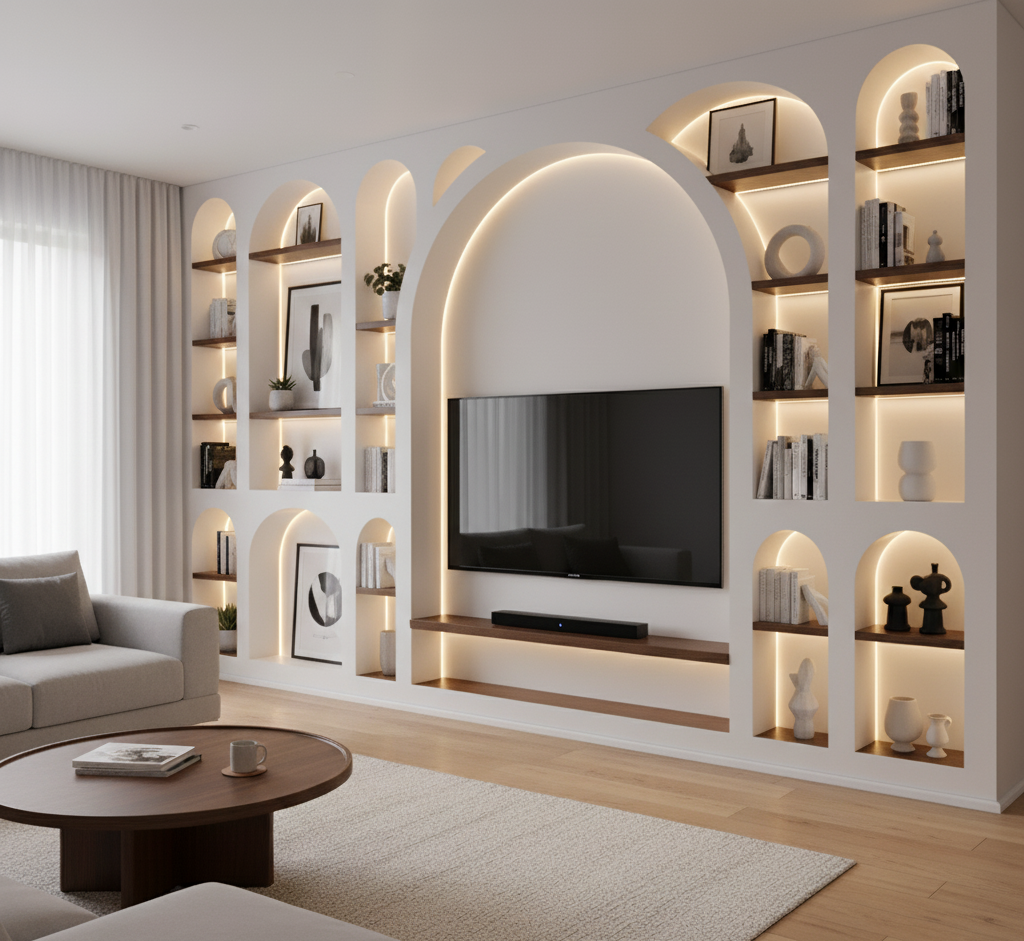 Salon moderne et lumineux avec un mur équipé de nombreuses niches en arc, dont une grande arche centrale qui encadre une télévision. Toutes les niches sont rétroéclairées par des rubans LED blanc chaud, mettant en valeur des étagères en bois où sont exposés des livres, des cadres et des objets décoratifs. Canapé contemporain, table basse ronde en bois et décoration minimaliste complètent l’espace.